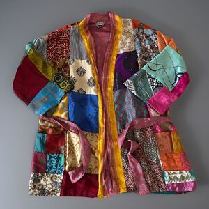 Silk Patchwork Short Kimono Belted Size Large Artsy Boho Leisure Texture Pattern